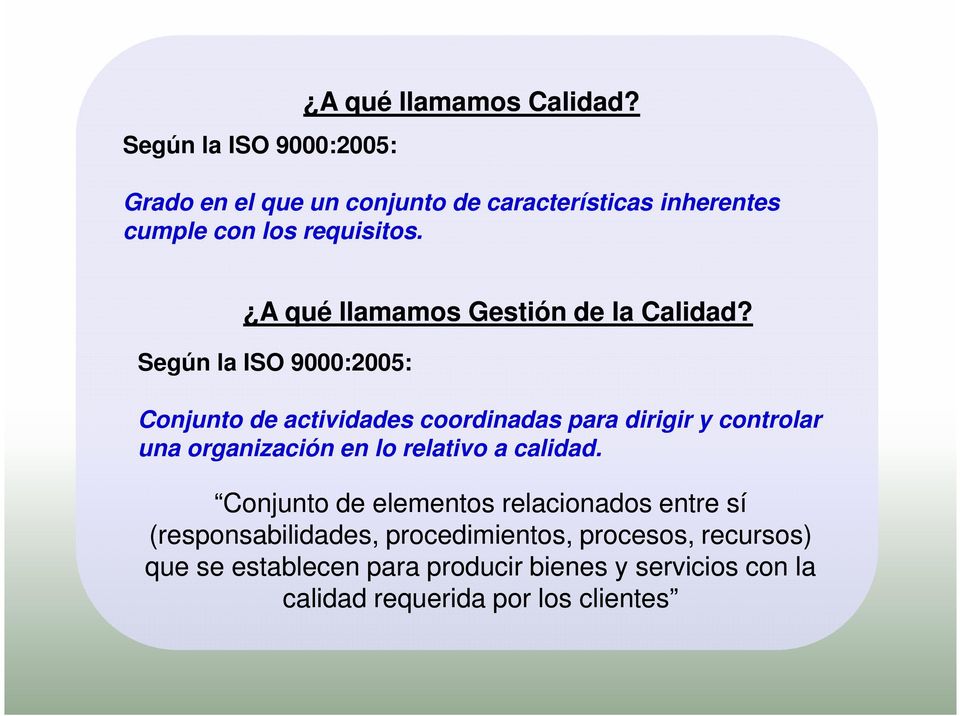Según la ISO 9000:2005: Conjunto de actividades coordinadas para dirigir y controlar una organización en lo relativo a