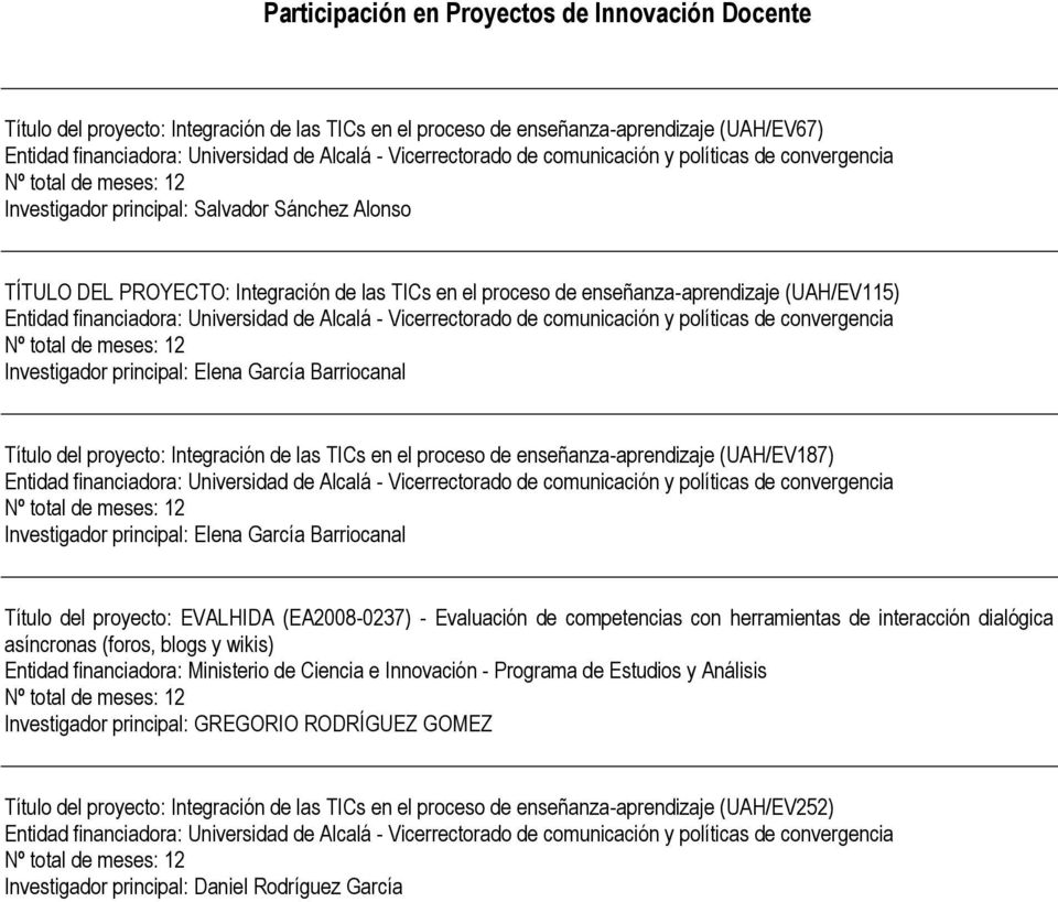 enseñanza-aprendizaje (UAH/EV115) Entidad financiadora: Universidad de Alcalá - Vicerrectorado de comunicación y políticas de convergencia Nº total de meses: 12 Investigador principal: Elena García