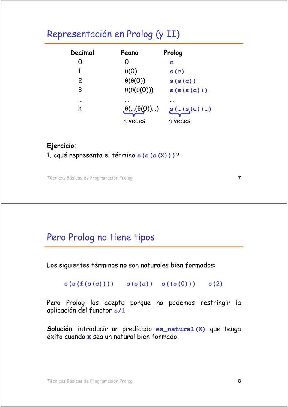 Técnicas Básicas de Programación Prolog 7 Pero Prolog no tiene tipos Los siguientes términos no son naturales bien formados: s(s(f(s(c)))) s(s(a))