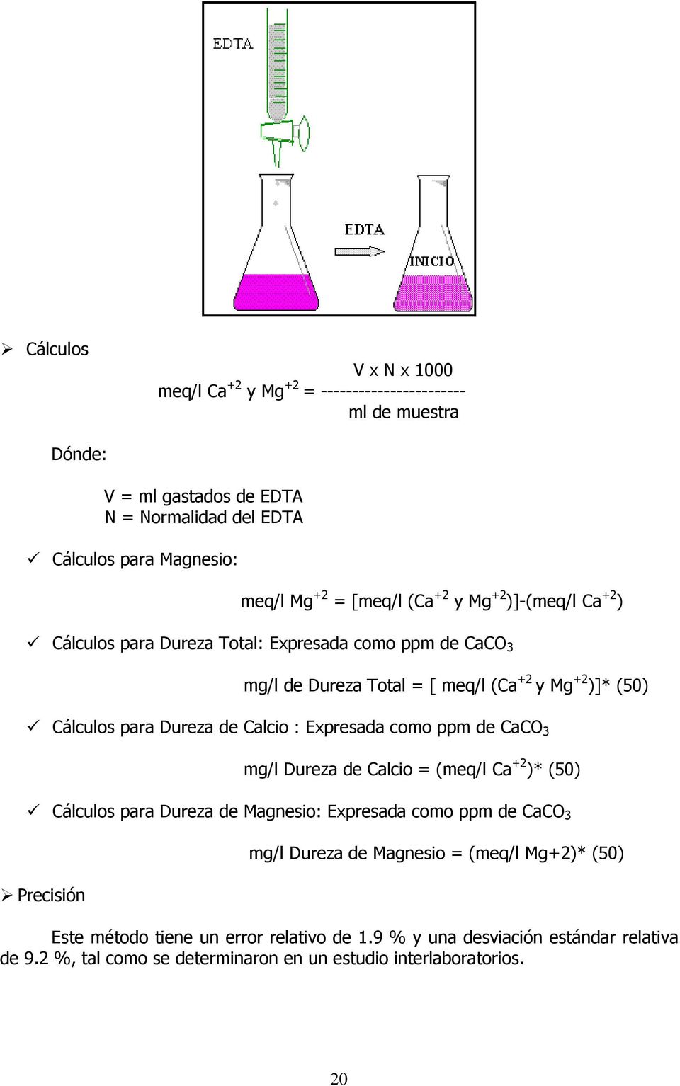 Calcio : Expresada como ppm de CaCO 3 mg/l Dureza de Calcio = (meq/l Ca +2 )* (50) Cálculos para Dureza de Magnesio: Expresada como ppm de CaCO 3 Precisión mg/l Dureza de