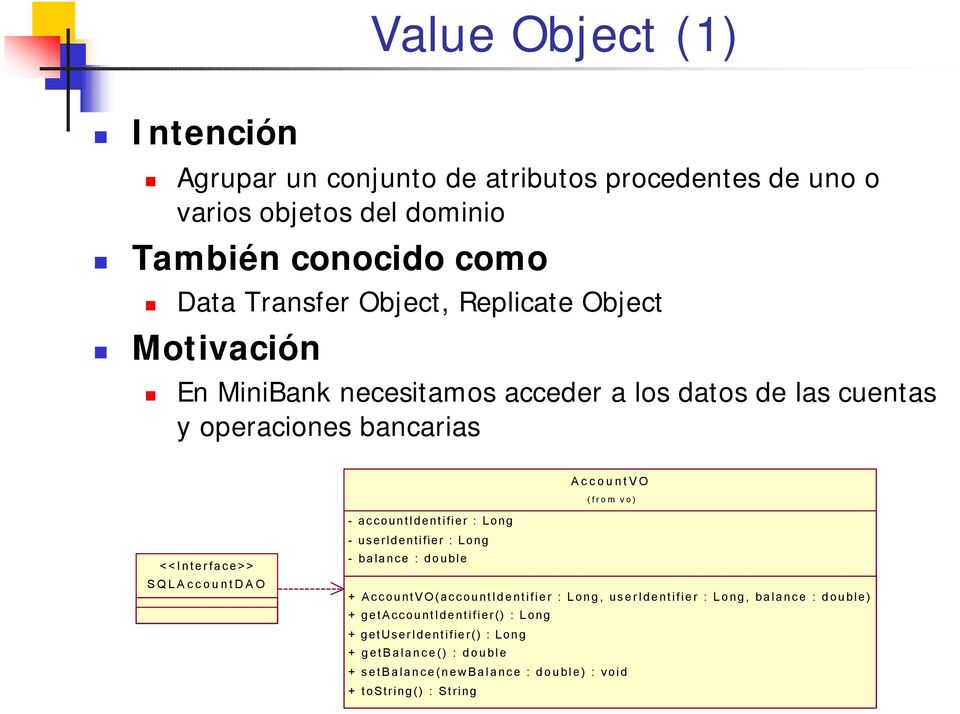 (from vo) <<Interface>> SQLAccountDAO - useridentifier : Long - balance : double + AccountVO(accountIdentifier : Long, useridentifier : Long, balance :