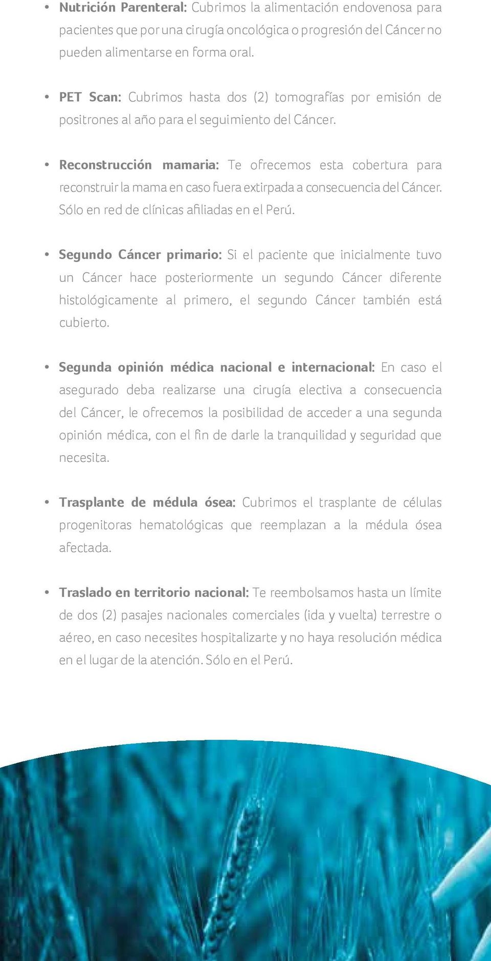 Reconstrucción mamaria: Te ofrecemos esta cobertura para reconstruir la mama en caso fuera extirpada a consecuencia del Cáncer. Sólo en red de clínicas afiliadas en el Perú.