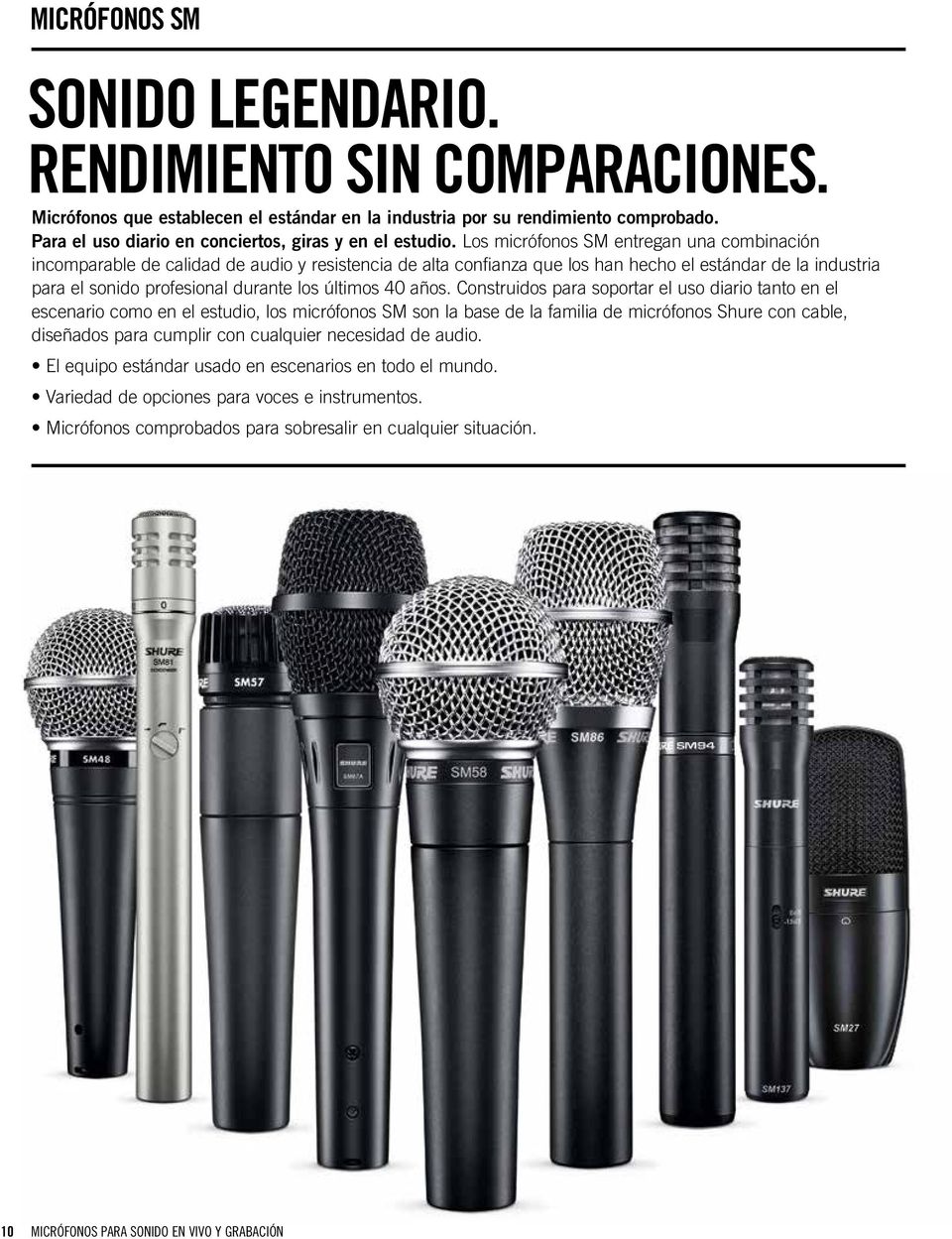 Los micrófonos SM entregan una combinación incomparable de calidad de audio y resistencia de alta confianza que los han hecho el estándar de la industria para el sonido profesional durante los