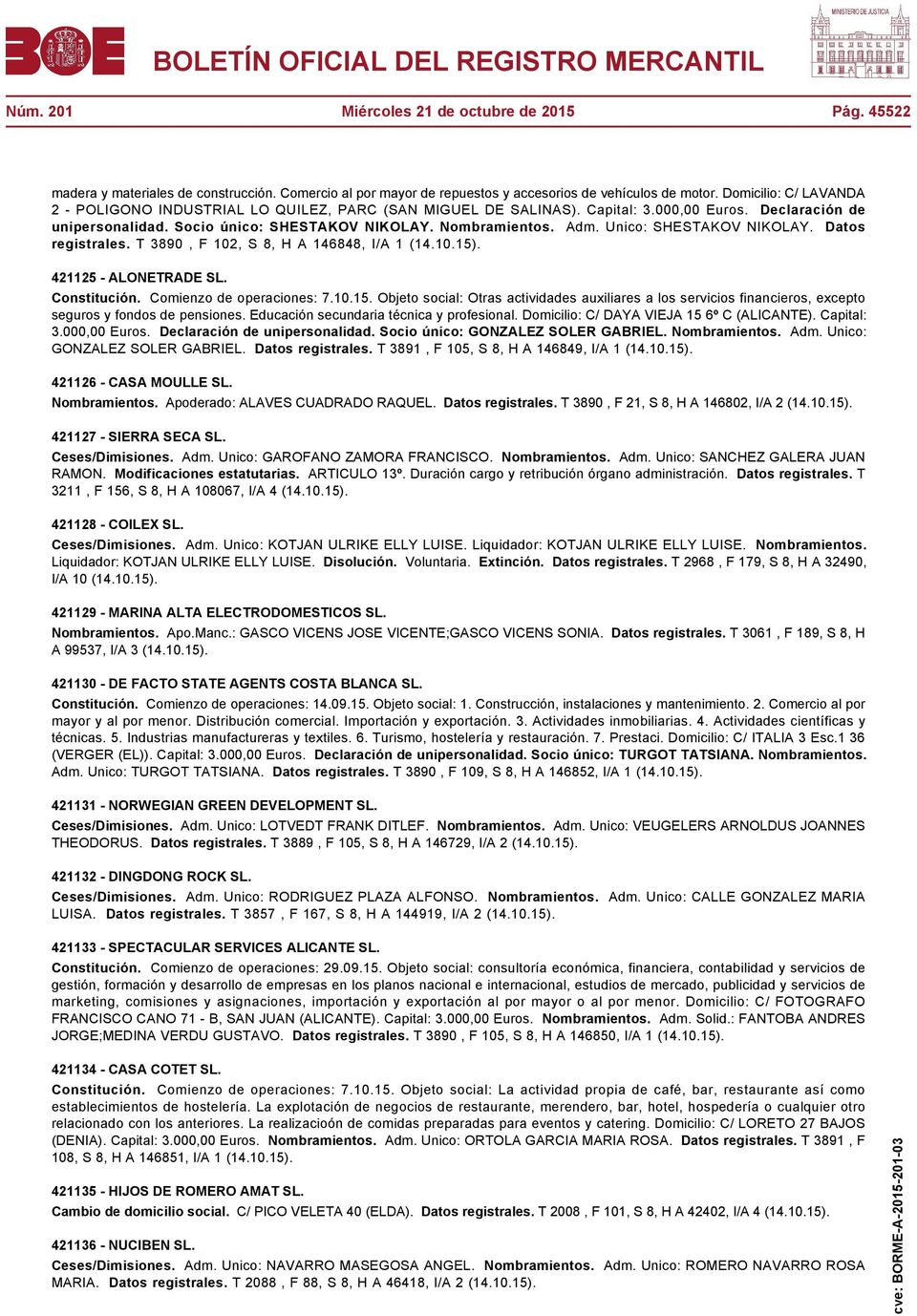 Unico: SHESTAKOV NIKOLAY. Datos registrales. T 3890, F 102, S 8, H A 146848, I/A 1 (14.10.15)