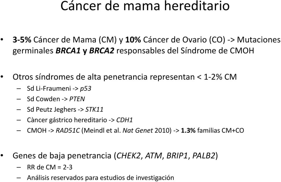 > PTEN Sd Peutz Jeghers > STK11 Càncer gástrico hereditario > CDH1 CMOH > RAD51C (Meindl et al. Nat Genet 2010) > 1.