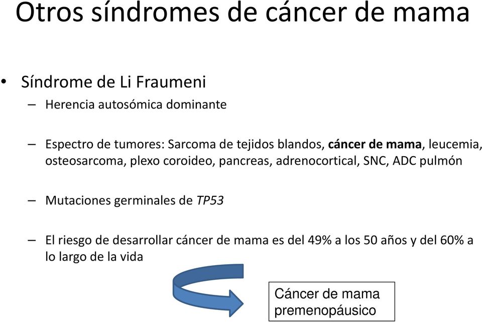 pancreas, adrenocortical, SNC, ADC pulmón Mutaciones germinales de TP53 El riesgo de desarrollar