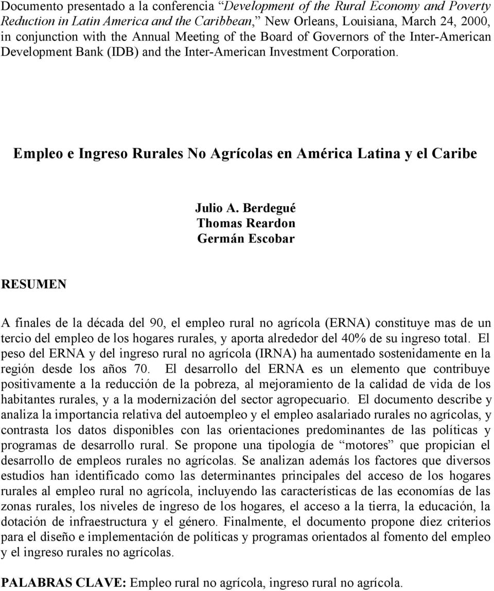 Empleo e Ingreso Rurales No Agrícolas en América Latina y el Caribe Julio A.