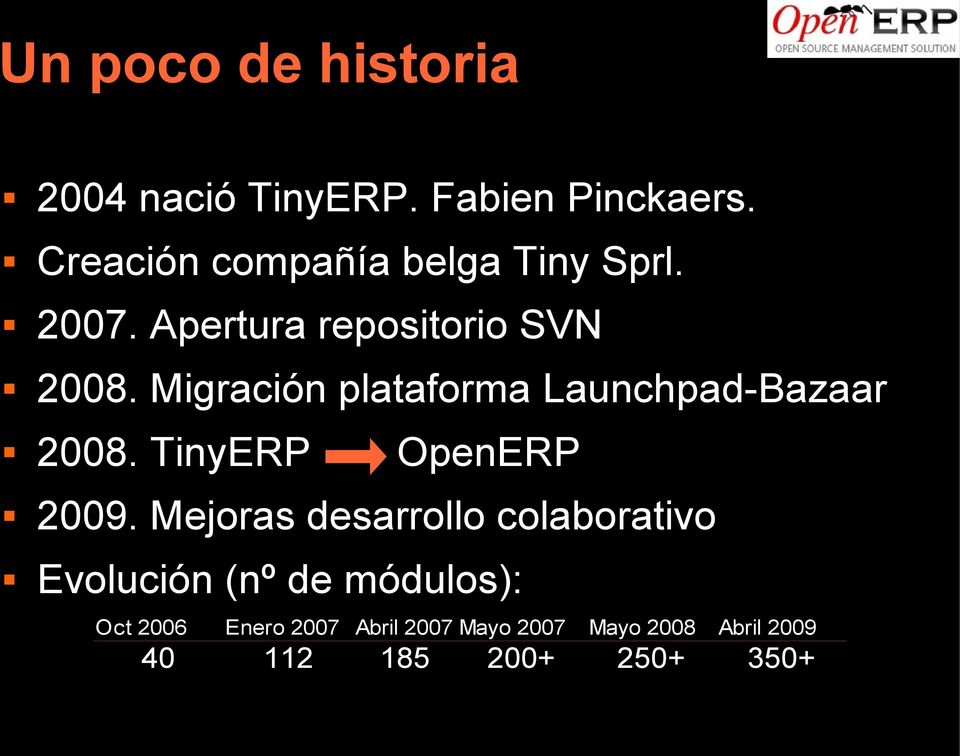 Migración plataforma Launchpad-Bazaar 2008. TinyERP OpenERP 2009.
