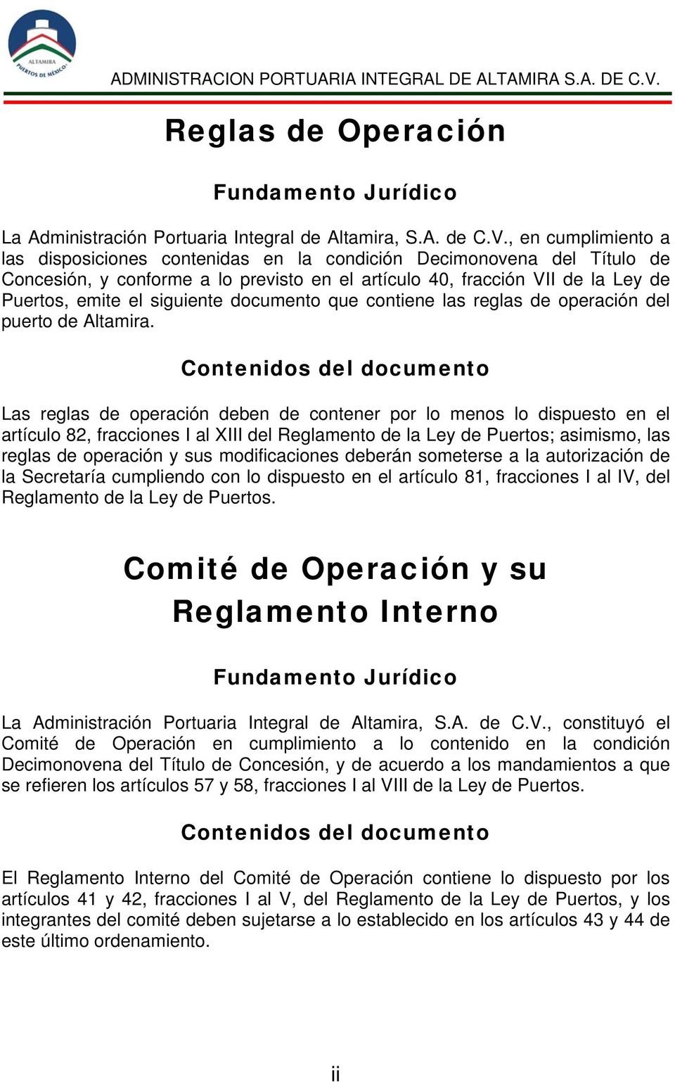 siguiente documento que contiene las reglas de operación del puerto de Altamira.