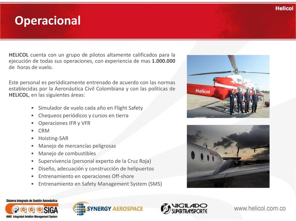 Simulador de vuelo cada año en Flight Safety Chequeos periódicos y cursos en tierra Operaciones IFR y VFR CRM Hoisting-SAR Manejo de mercancías peligrosas Manejo de