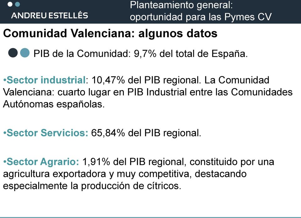 La Comunidad Valenciana: cuarto lugar en PIB Industrial entre las Comunidades Autónomas españolas. Sector Servicios: 65,84% del PIB regional.