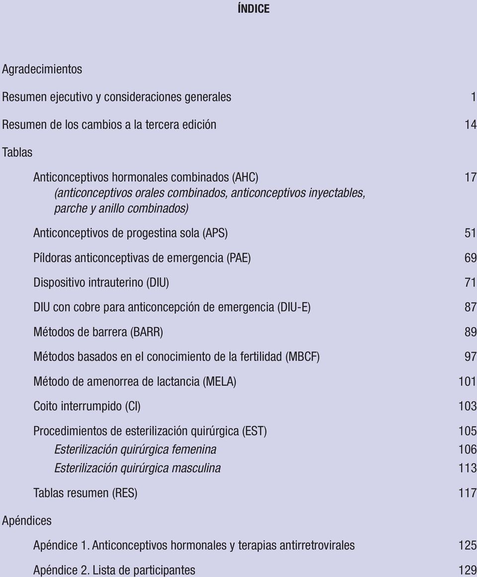 71 DIU con cobre para anticoncepción de emergencia (DIU-E) 87 Métodos de barrera (BARR) 89 Métodos basados en el conocimiento de la fertilidad (MBCF) 97 Método de amenorrea de lactancia (MELA) 101