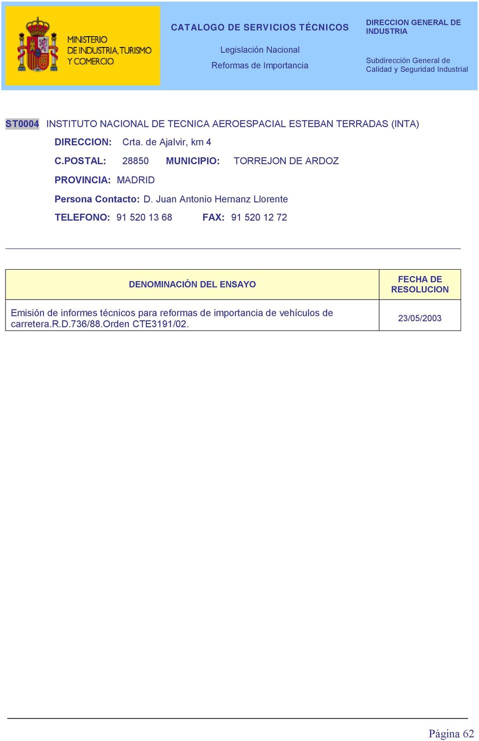 POSTAL: 28850 MUNICIPIO: TORREJON DE ARDOZ MADRID Persona Contacto: D.