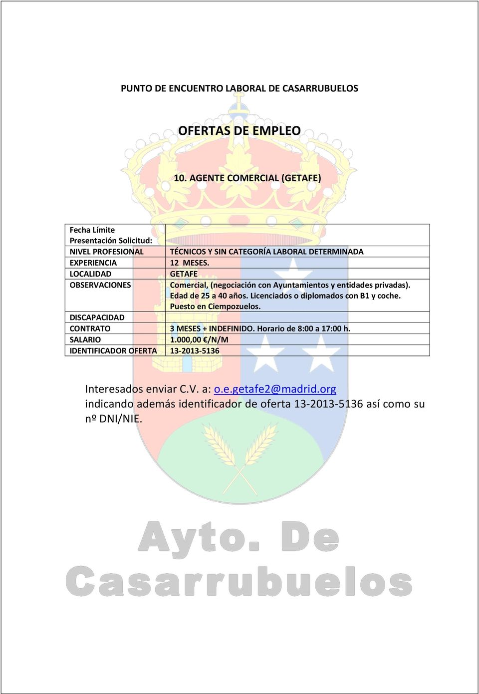Licenciados o diplomados con B1 y coche. Puesto en Ciempozuelos. 3 MESES + INDEFINIDO. Horario de 8:00 a 17