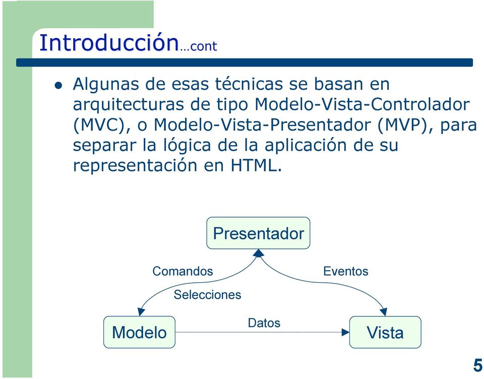 Modelo-Vista-Presentador (MVP), para separar la lógica de la