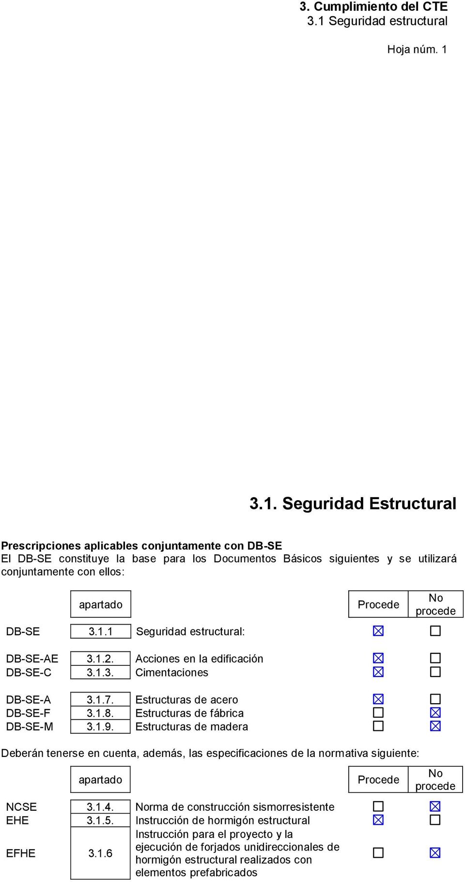 3.1.1 Seguridad estructural: DB-SE-AE 3.1.2. Acciones en la edificación DB-SE-C 3.1.3. Cimentaciones DB-SE-A 3.1.7. Estructuras de acero DB-SE-F 3.1.8. Estructuras de fábrica DB-SE-M 3.1.9.