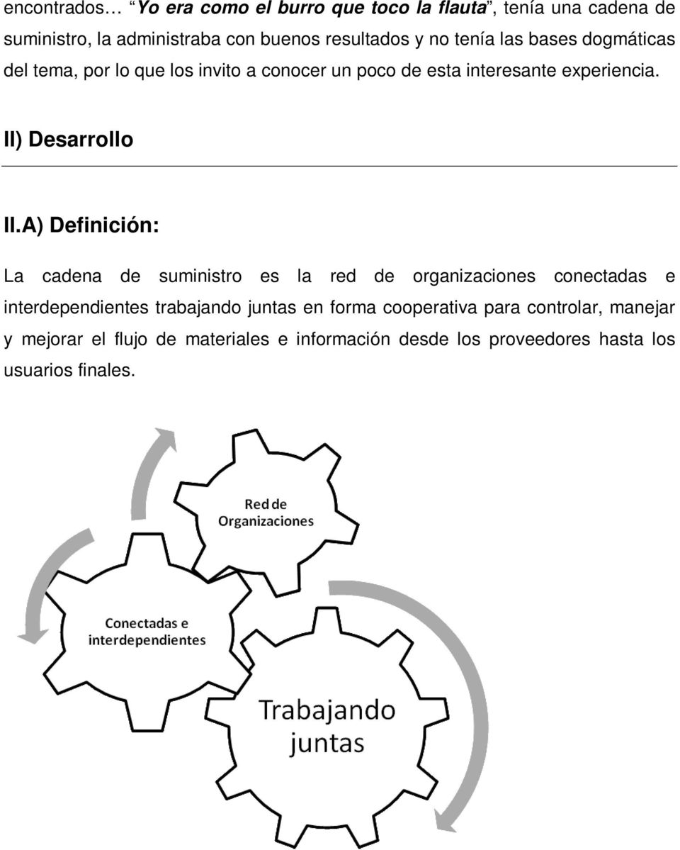 A) Definición: La cadena de suministro es la red de organizaciones conectadas e interdependientes trabajando juntas en forma