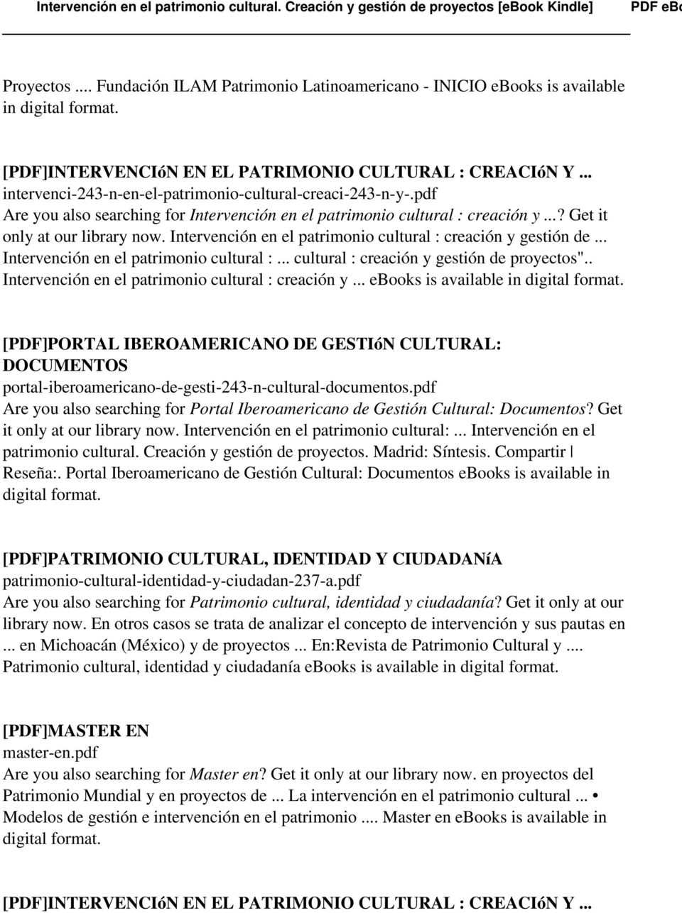 Intervención en el patrimonio cultural : creación y gestión de... Intervención en el patrimonio cultural :... cultural : creación y gestión de proyectos".