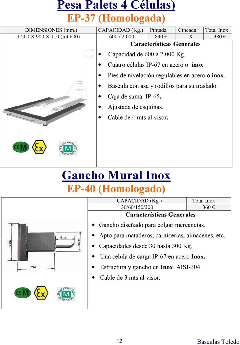 Caja de suma IP-65. Ajustada de esquinas. Cable de 4 mts al visor. Gancho Mural Inox EP-40 (Homologado) CAPACIDAD (Kg.