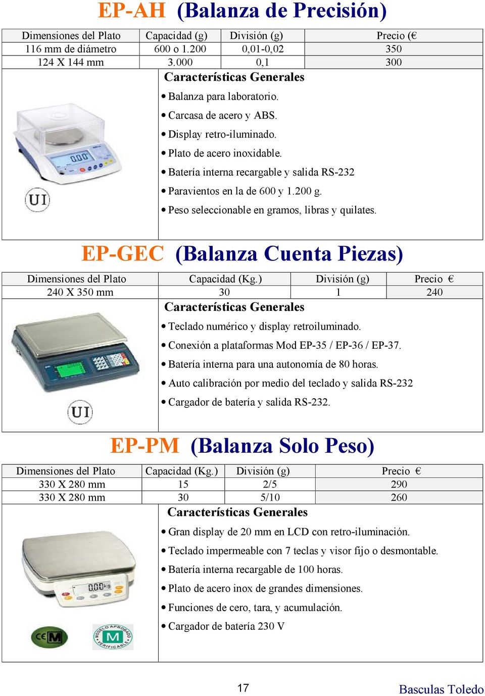 Peso seleccionable en gramos, libras y quilates. EP-GEC (Balanza Cuenta Piezas) Dimensiones del Plato Capacidad (Kg.