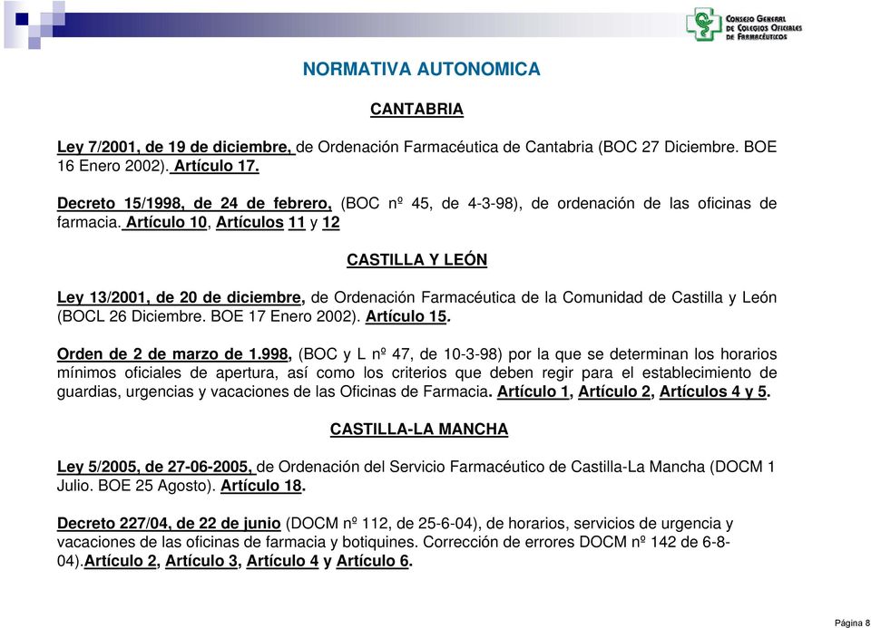 Artículo 10, Artículos 11 y 12 CASTILLA Y LEÓN Ley 13/2001, de 20 de diciembre, de Ordenación Farmacéutica de la Comunidad de Castilla y León (BOCL 26 Diciembre. BOE 17 Enero 2002). Artículo 15.