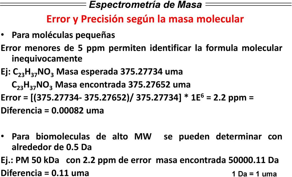 27652 uma Error = [(375.27734-375.27652)/ 375.27734] * 1E 6 = 2.2 ppm = Diferencia = 0.