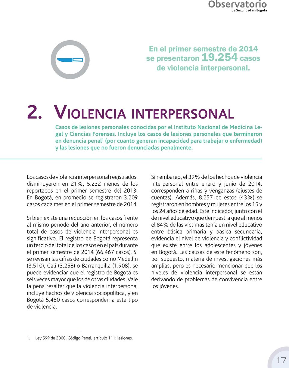 Los casos de violencia interpersonal registrados, disminuyeron en 21%, 5.232 menos de los reportados en el primer semestre del 2013. En Bogotá, en promedio se registraron 3.