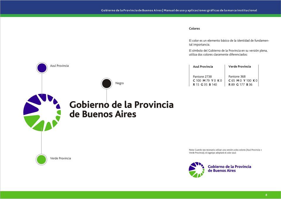 Azul Provincia Verde Provincia Negro Pantone 2738 C 100 M 79 Y 0 K 0 R 15 G 35 B 140 Pantone 368 C 65 M 0 Y 100 K 0 R 89