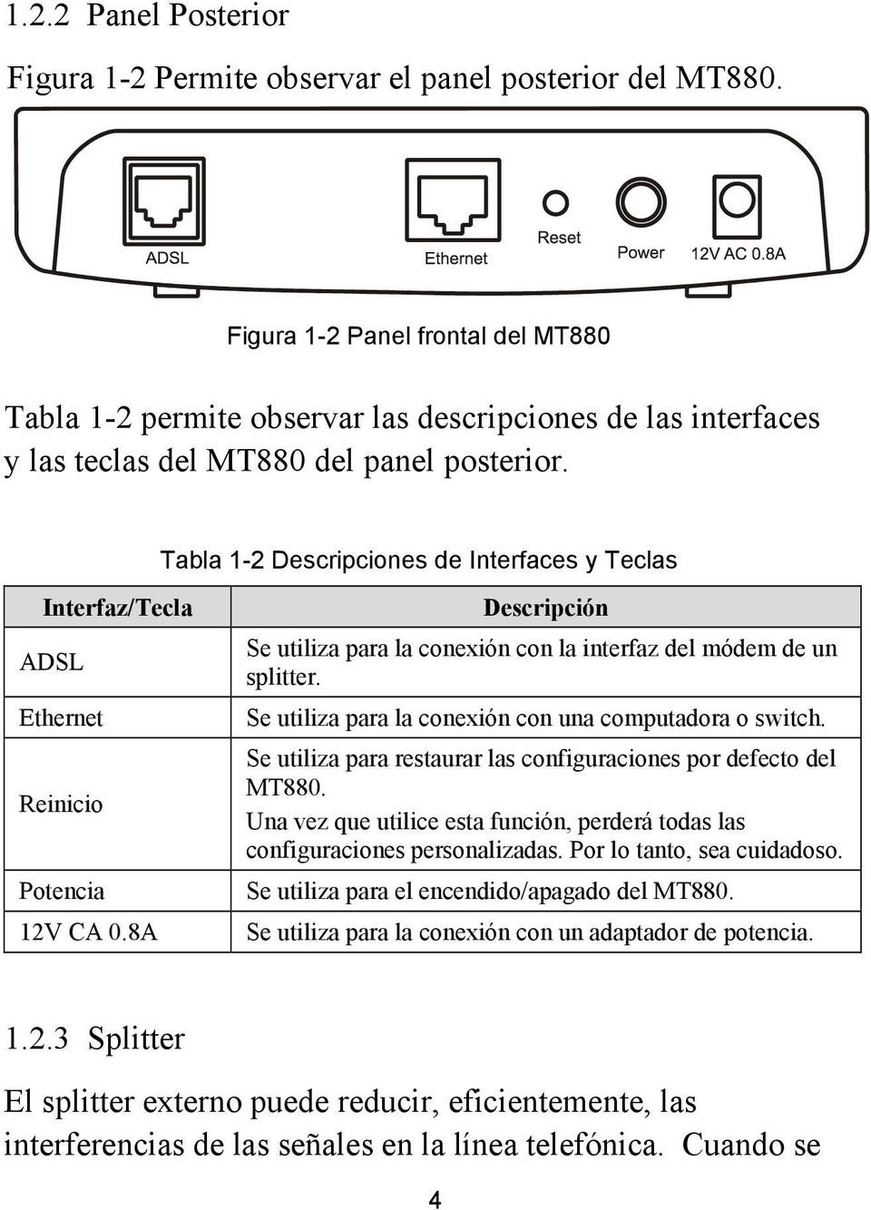 Tabla 1-2 Descripciones de Interfaces y Teclas Interfaz/Tecla ADSL Ethernet Reinicio Potencia 12V CA 0.8A Descripción Se utiliza para la conexión con la interfaz del módem de un splitter.
