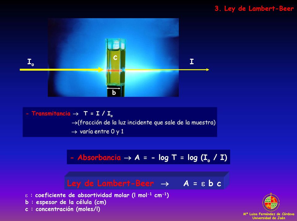 T = log (I o / I) Ley de Lambert-Beer A = ε b c ε : coeficiente de absortividad