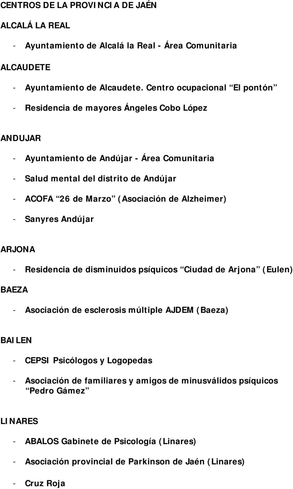 Marzo (Asociación de Alzheimer) - Sanyres Andújar ARJONA - Residencia de disminuidos psíquicos Ciudad de Arjona (Eulen) BAEZA - Asociación de esclerosis múltiple AJDEM (Baeza)
