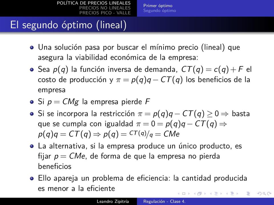 incorpora la restricción π = p(q)q CT (q) 0 basta que se cumpla con igualdad π = 0 = p(q)q CT (q) p(q)q = CT (q) p(q) = CT (q) /q = CMe La alternativa, si la empresa