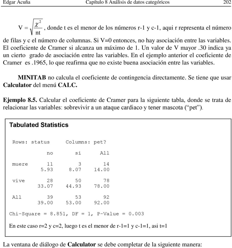 En el ejemplo anterior el coeficiente de Cramer es.1965, lo que reafirma que no existe buena asociación entre las variables. MINITAB no calcula el coeficiente de contingencia directamente.