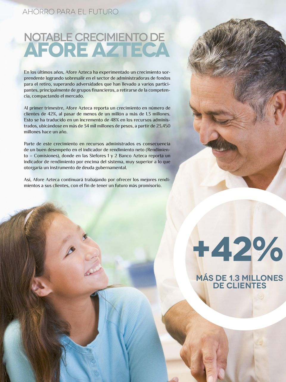 Al primer trimestre, Afore Azteca reporta un crecimiento en número de clientes de 42%, al pasar de menos de un millón a más de 1.3 millones.
