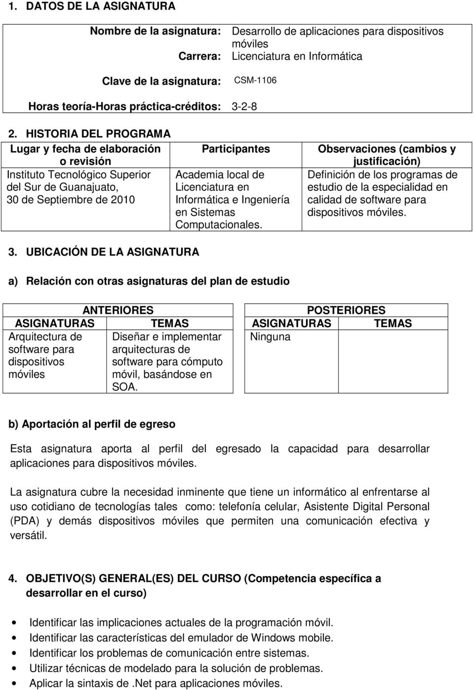 HISTORIA DEL PROGRAMA Lugar y fecha de elaboración o revisión Instituto Tecnológico Superior del Sur de Guanajuato, 30 de Septiembre de 2010 Participantes Academia local de Licenciatura en