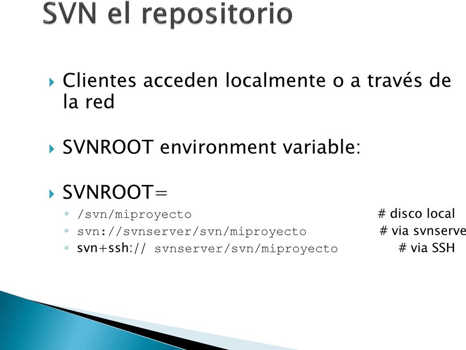 /svn/miproyecto svn://svnserver/svn/miproyecto