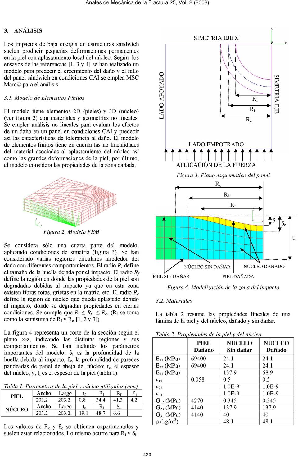 3.1. Modelo de Elementos Finitos El modelo tiene elementos 2D (pieles) y 3D (núcleo) (ver figura 2) con materiales y geometrías no lineales.