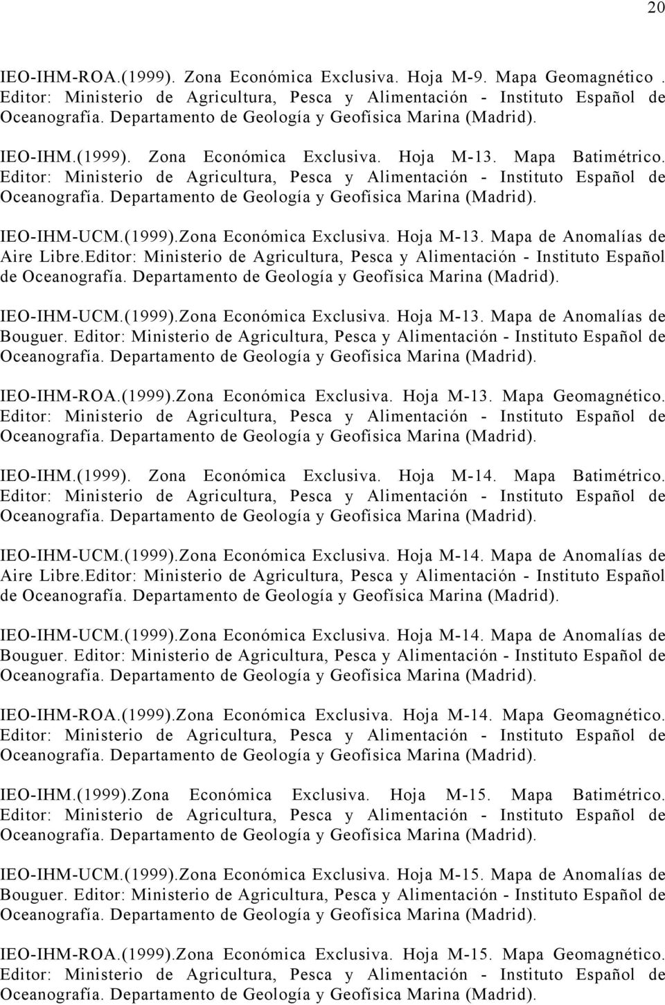 IEO-IHM.(1999). Zona Económica Exclusiva. Hoja M-14. Mapa Batimétrico. IEO-IHM-UCM.(1999).Zona Económica Exclusiva. Hoja M-14. Mapa de Anomalías de Aire Libre.