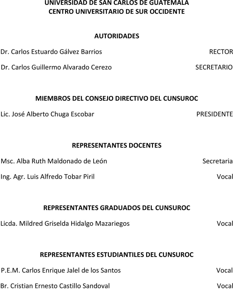 José Alberto Chuga Escobar PRESIDENTE REPRESENTANTES DOCENTES Msc. Alba Ruth Maldonado de León Ing. Agr.