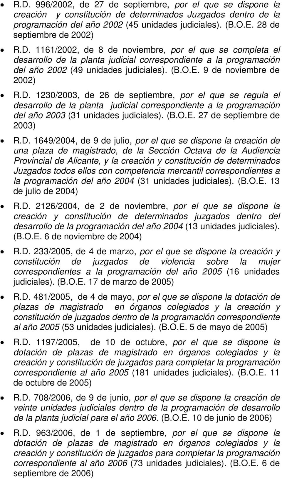 9 de noviembre de 2002) R.D. 1230/2003, de 26 de septiembre, por el que se regula el desarrollo de la planta judicial correspondiente a la programación del año 2003 (31 unidades judiciales). (B.O.E.