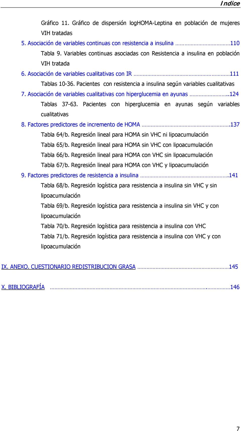 Pacientes con resistencia a insulina según variables cualitativas 7. Asociación de variables cualitativas con hiperglucemia en ayunas..124 Tablas 37-63.