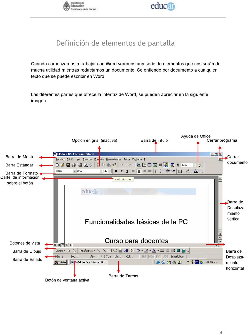Las diferentes partes que ofrece la interfaz de Word, se pueden apreciar en la siguiente imagen: Opción en gris (inactiva) Barra de Título Ayuda de Office Cerrar programa