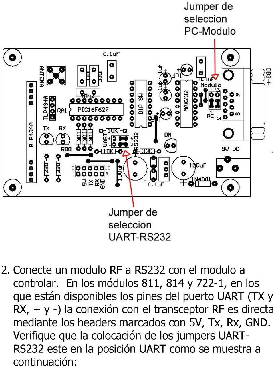 y RX, + y -) la conexión con el transceptor RF es directa mediante los headers marcados con