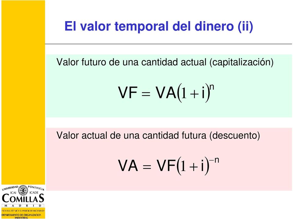 (capitalizació) ( i) VF = VA 1 + Valor
