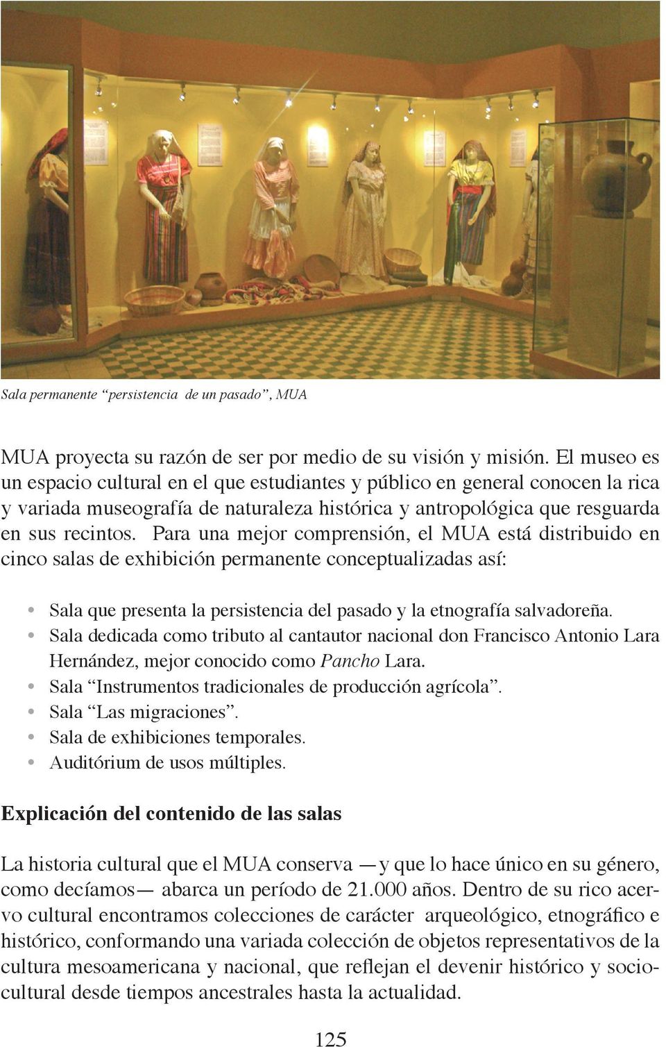 Para una mejor comprensión, el MUA está distribuido en cinco salas de exhibición permanente conceptualizadas así: Sala que presenta la persistencia del pasado y la etnografía salvadoreña.