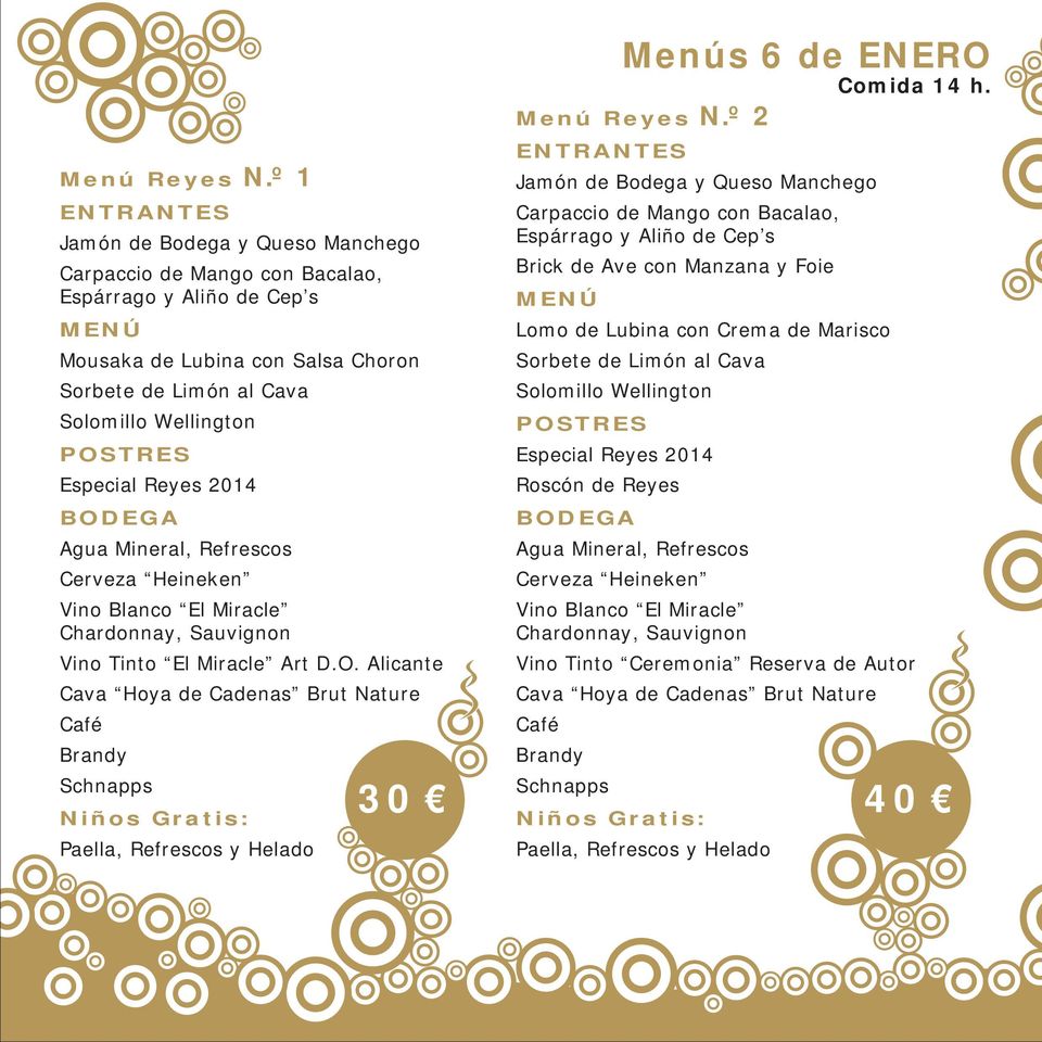 al Cava Solomillo Wellington Especial Reyes 2014 Vino Tinto El Miracle Art D.O. Alicante Brandy Menús 6 de ENERO Comida 14 h.