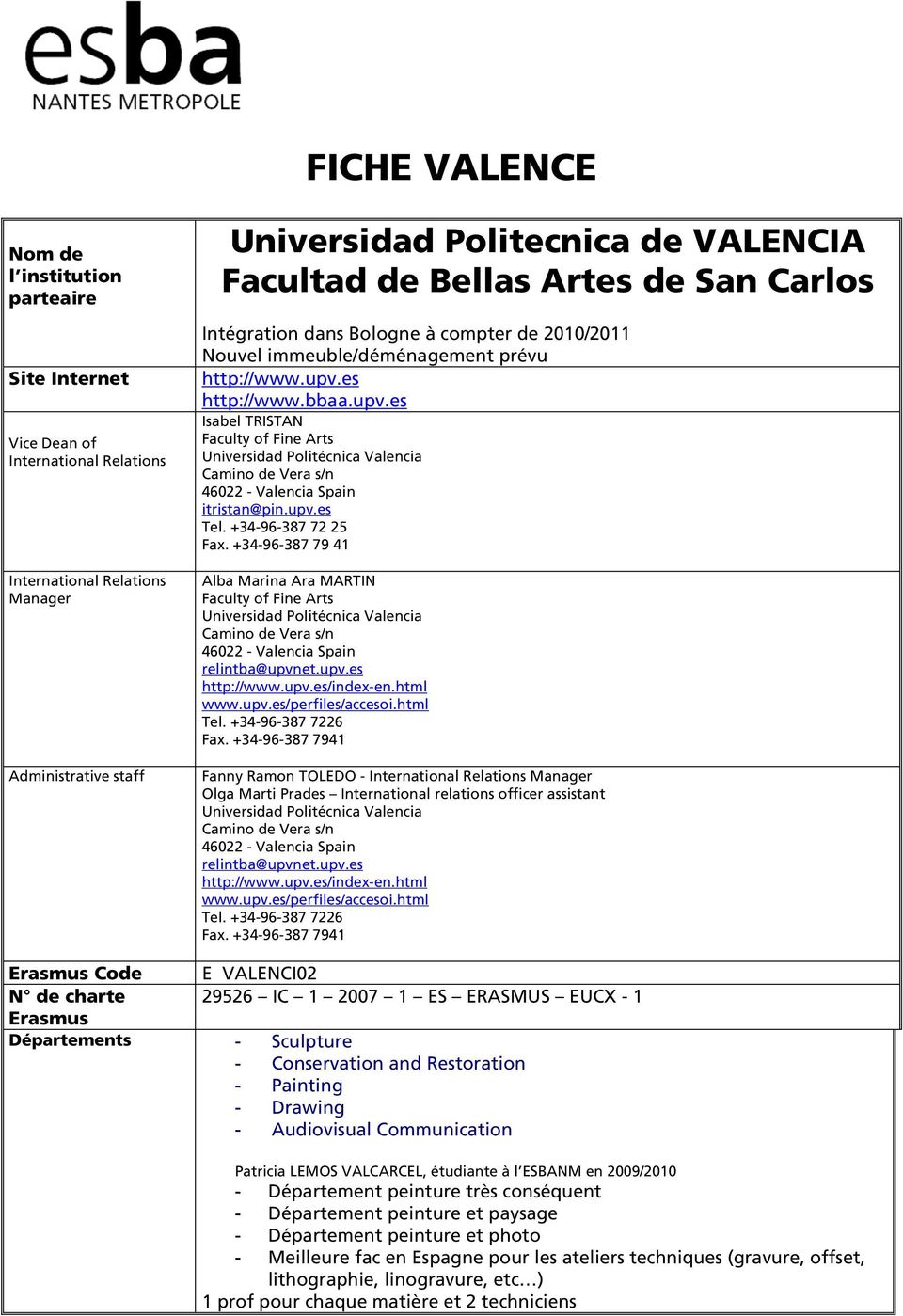 es http://www.bbaa.upv.es Isabel TRISTAN Faculty of Fine Arts Universidad Politécnica Valencia Camino de Vera s/n 46022 - Valencia Spain itristan@pin.upv.es Tel. +34-96-387 72 25 Fax.