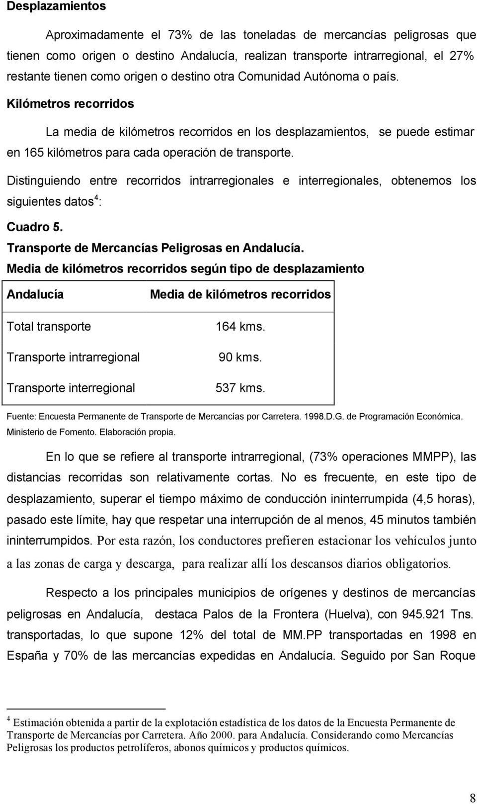 Distinguiendo entre recorridos intrarregionales e interregionales, obtenemos los siguientes datos 4 : Cuadro 5. Transporte de Mercancías Peligrosas en Andalucía.