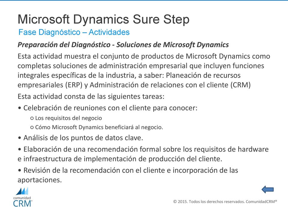 actividad consta de las siguientes tareas: Celebración de reuniones con el cliente para conocer: Los requisitos del negocio Cómo Microsoft Dynamics beneficiará al negocio.