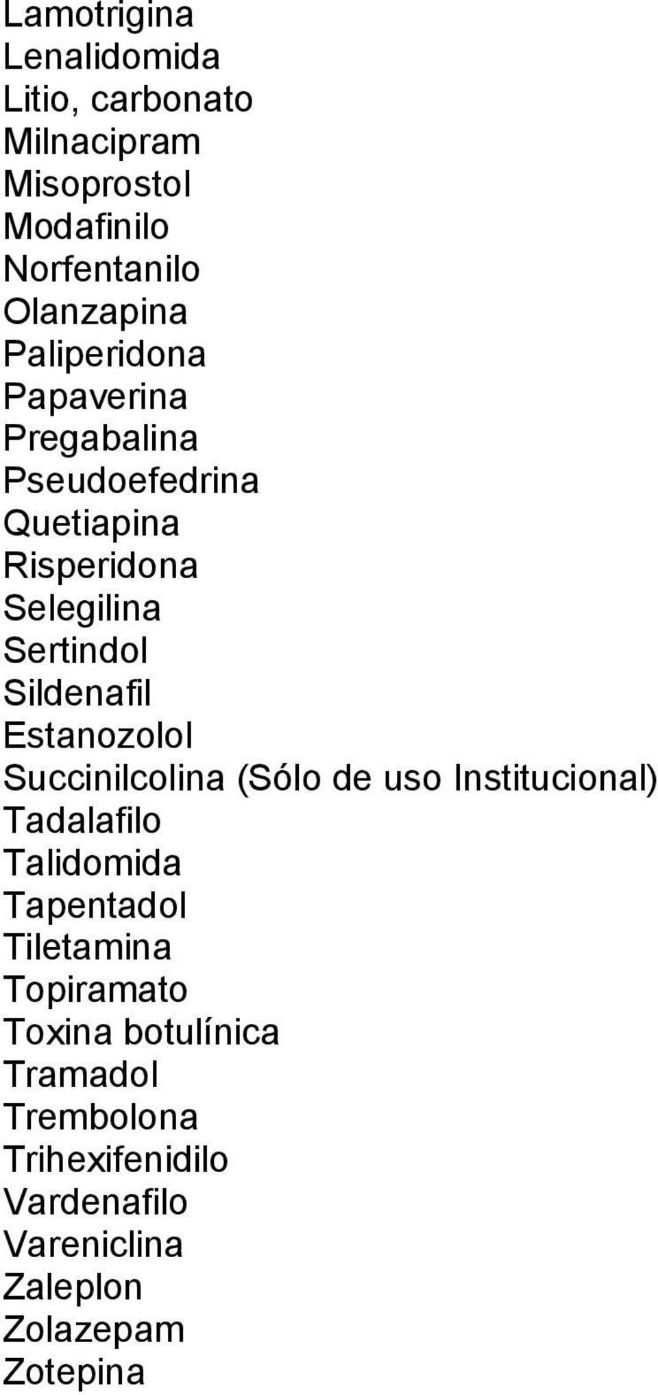 Estanozolol Succinilcolina (Sólo de uso Institucional) Tadalafilo Talidomida Tapentadol Tiletamina
